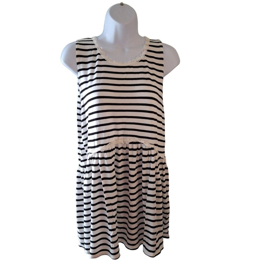 Promesa Mini Dress Lace Trim Black White Striped Sleeveless Nautical Beach